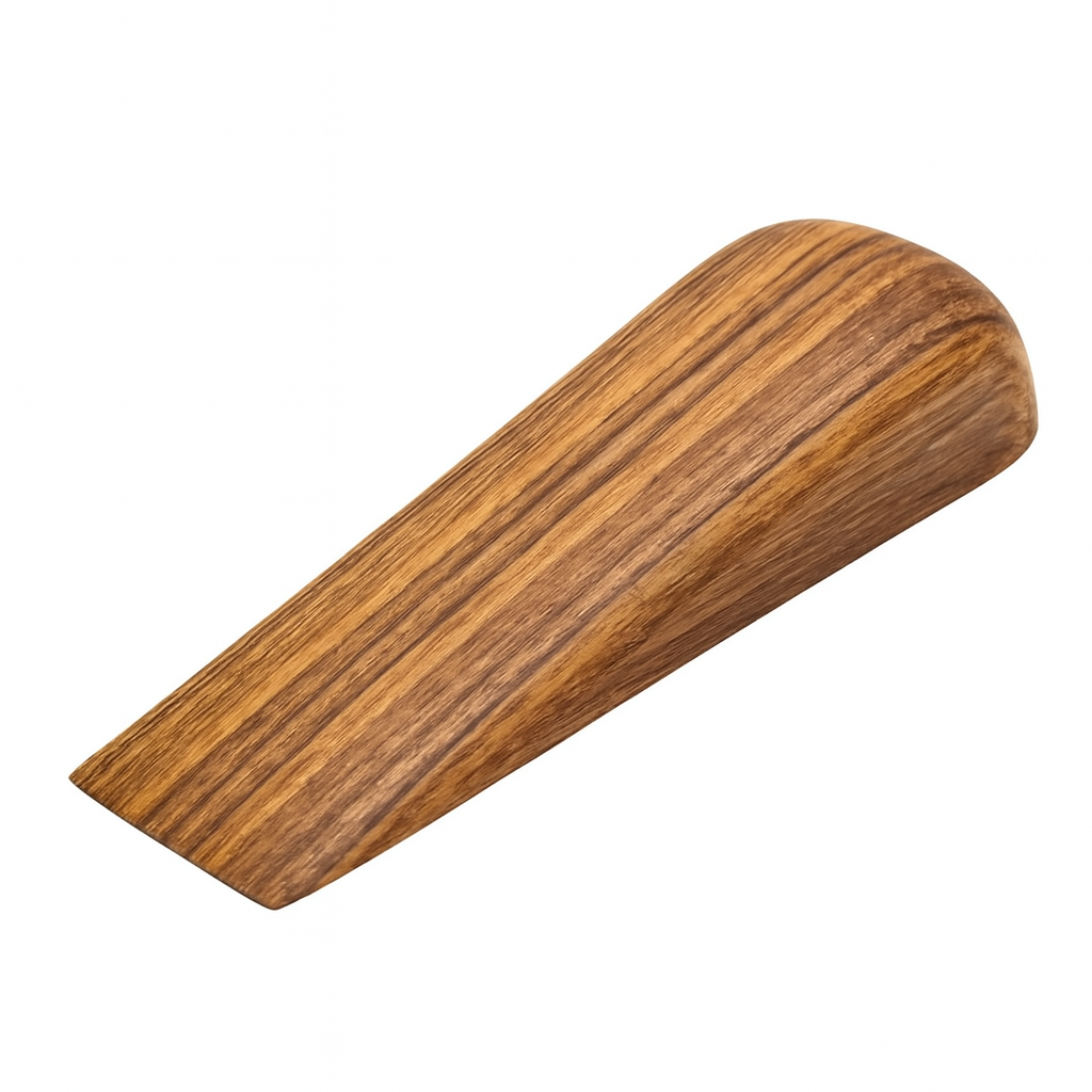 Wooden door stopper with a striped pattern on a white background