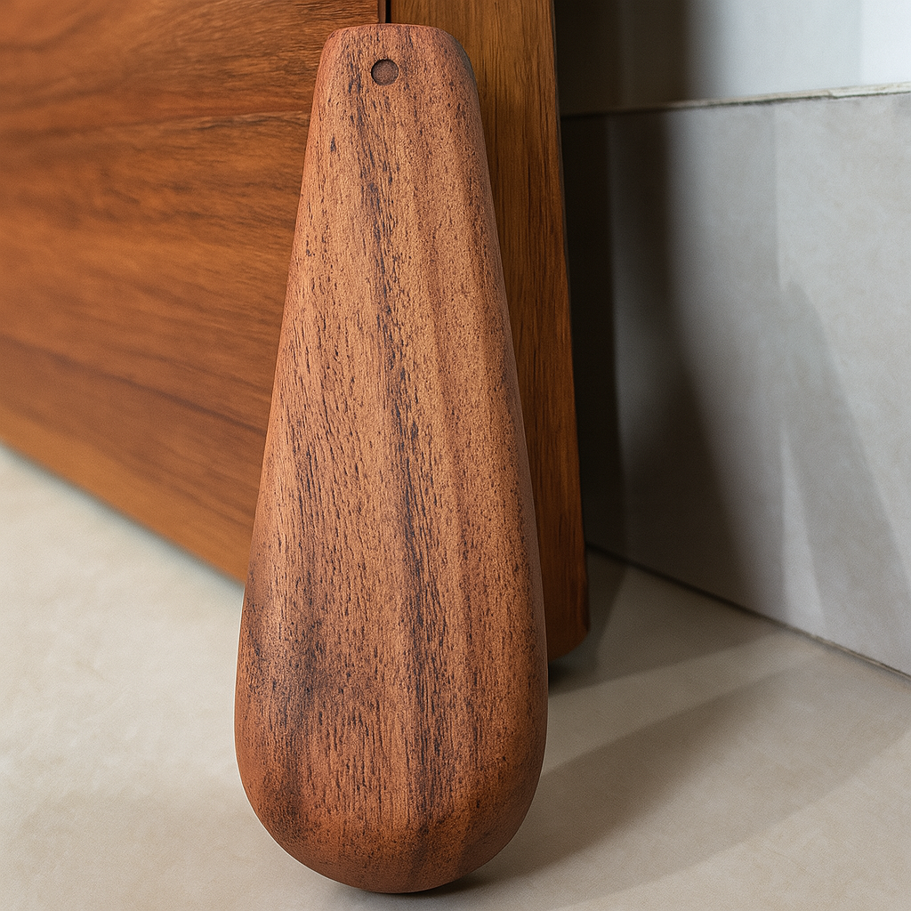 Wooden shoe horn on a wooden surface with a neutral background