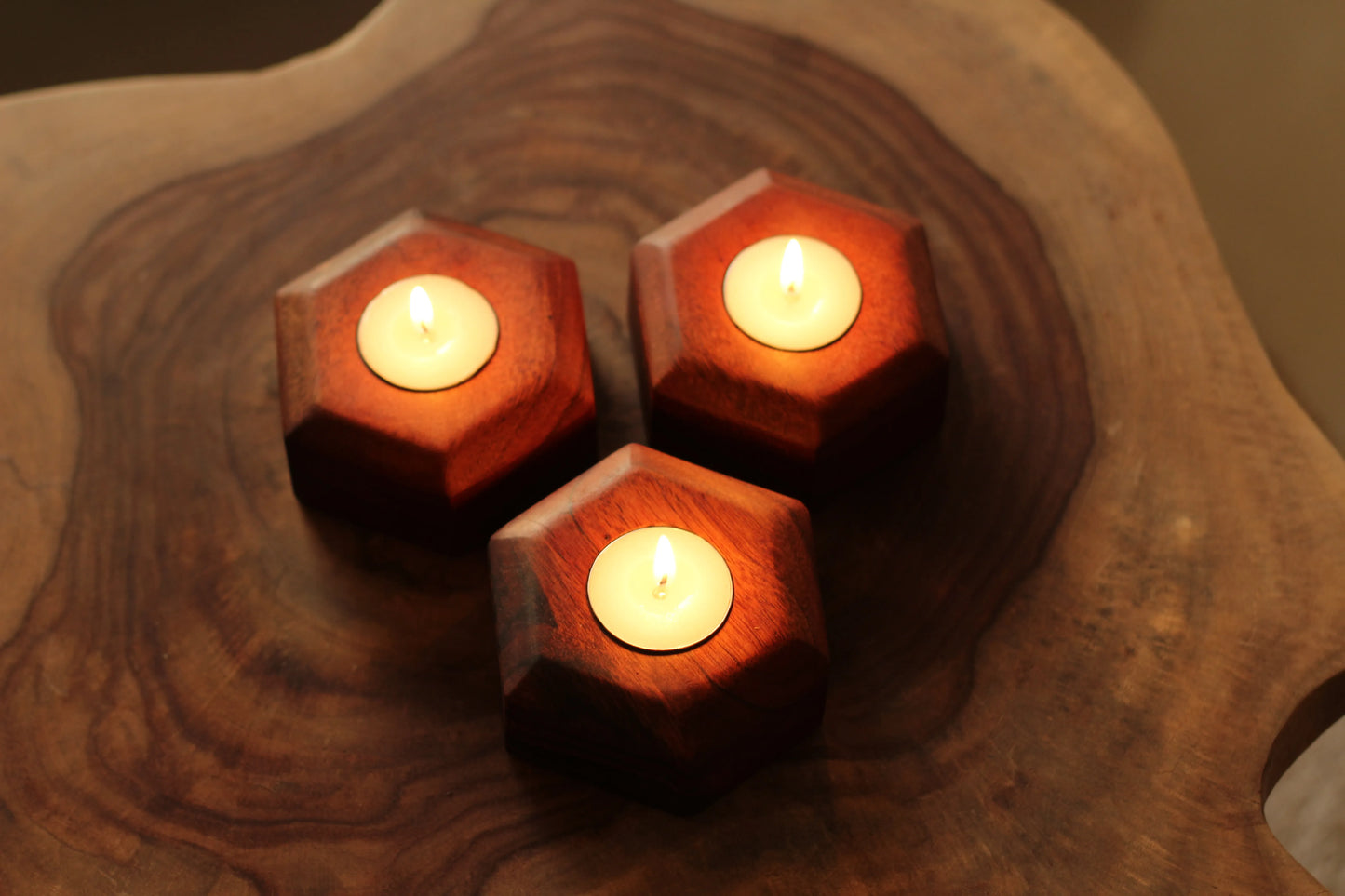 Wood Chop Acacia Wood Tea Light Candle Holders 3.2x3.2x1.5 Set of 3