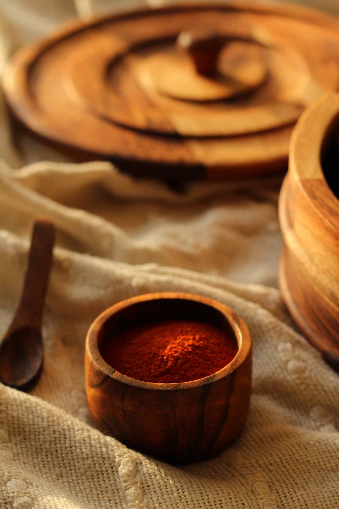 9 Inch Round Acacia Wood Spice Box / Container – with 7 solid wood containers (carved from single block, no joints)