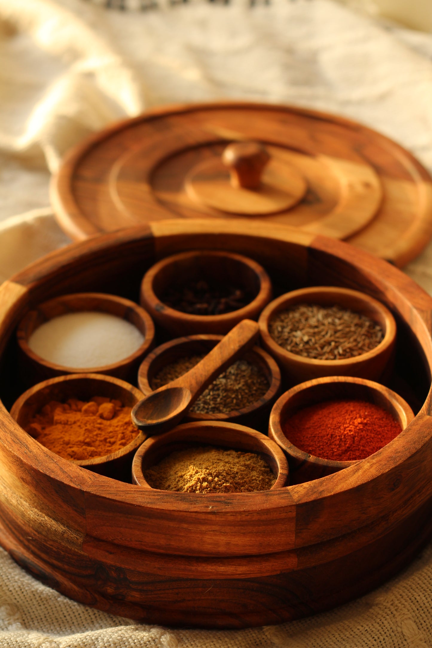 9 Inch Round Acacia Wood Spice Box / Container – with 7 solid wood containers (carved from single block, no joints)