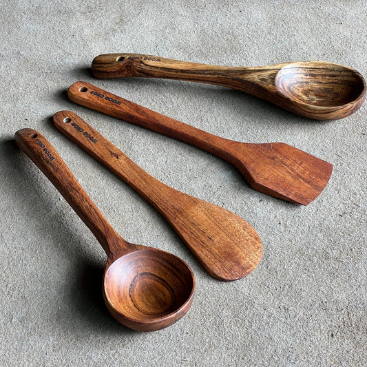 Acacia Wood Cooking Cutlery Set of 4 (1 Spatula, 1 Turner, 1 Spoon and 1 Ladle) for Non Stick Utensils - 11.5 inch Length -  Food Grade Finish