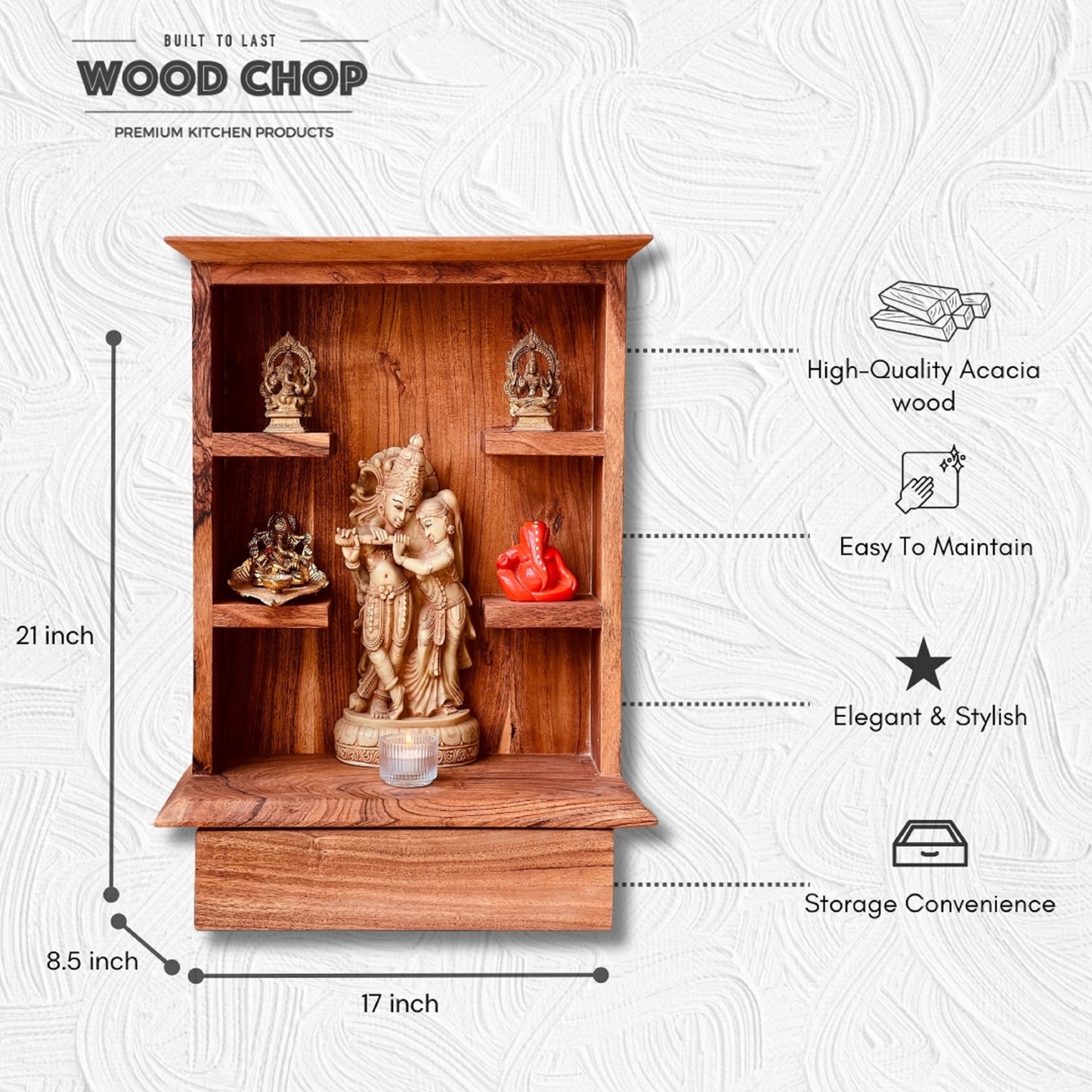 Solid Acacia Wood Elegant Pooja Mandir / Temple for Home & office with Drawer