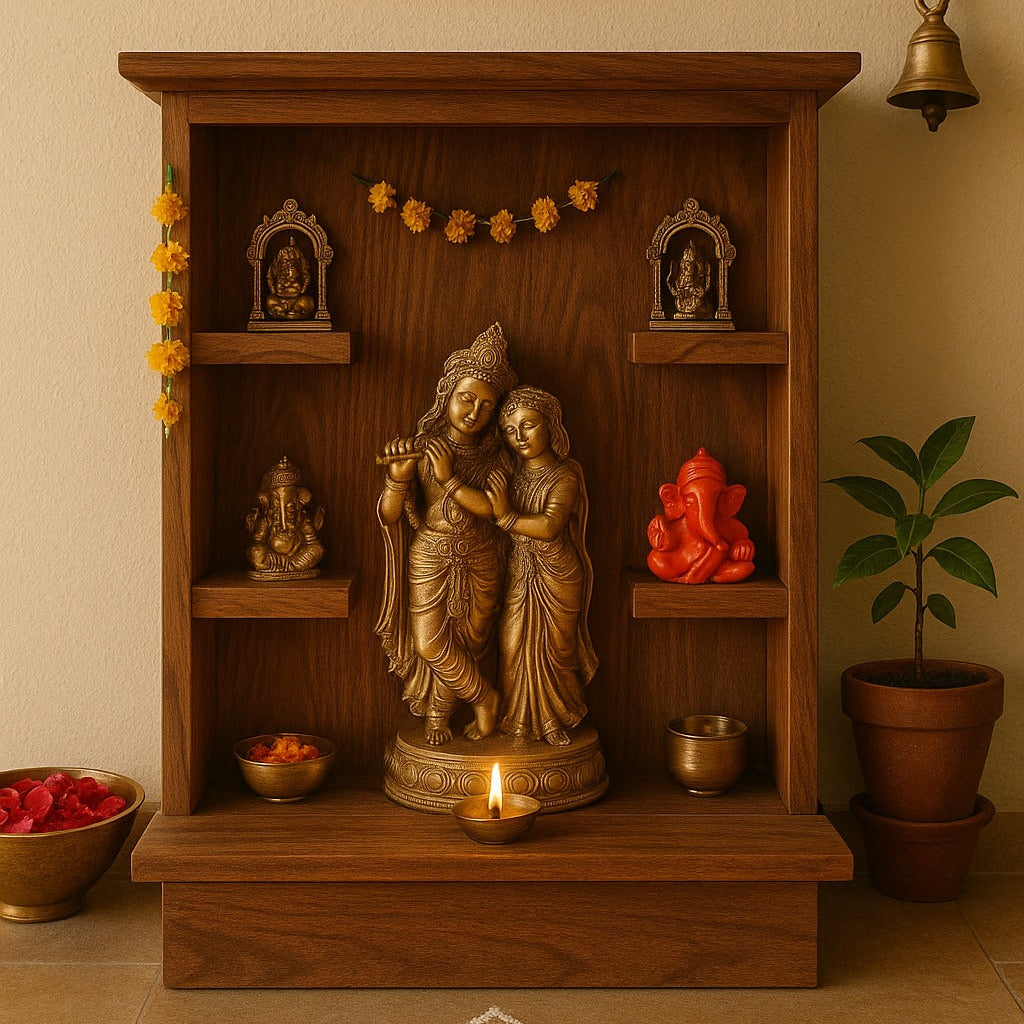Wooden altar with statues and decorations in a home setting