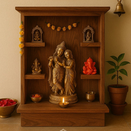 Wooden altar with statues and decorations in a home setting