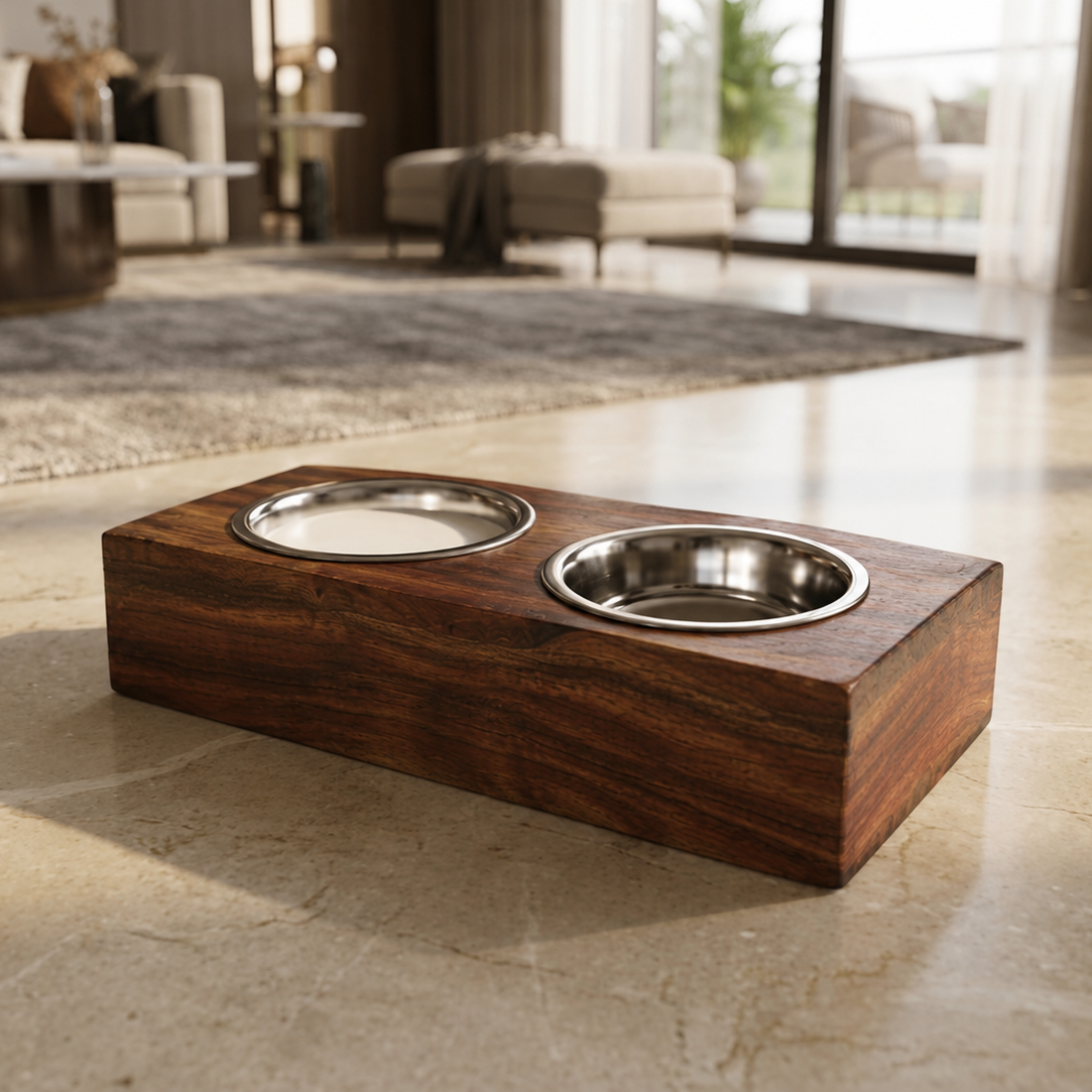 Pet Feeder with 2 Stainless Steel Bowls of 750 ml each (17 inch length x 9 inch width x 2.5 inch height)