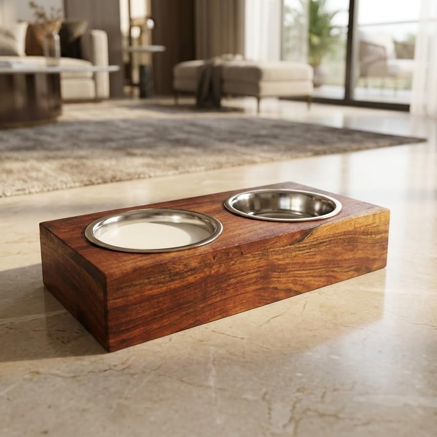 Pet Feeder with 2 Stainless Steel Bowls of 750 ml each (17 inch length x 9 inch width x 2.5 inch height)