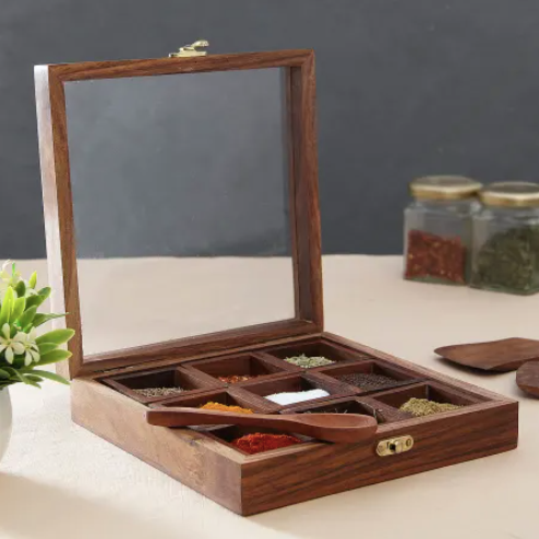 Sheesham Wood Masala/Spice Box with Wooden Spoon