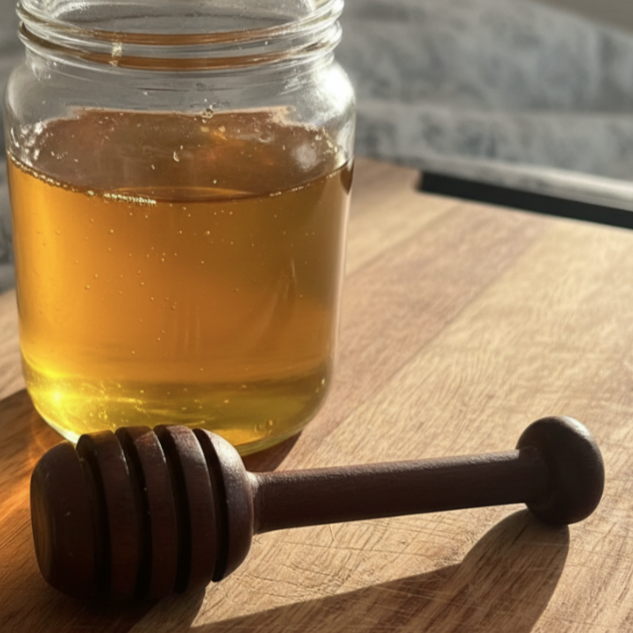 Jar of honey with a wooden dipper on a wooden surface