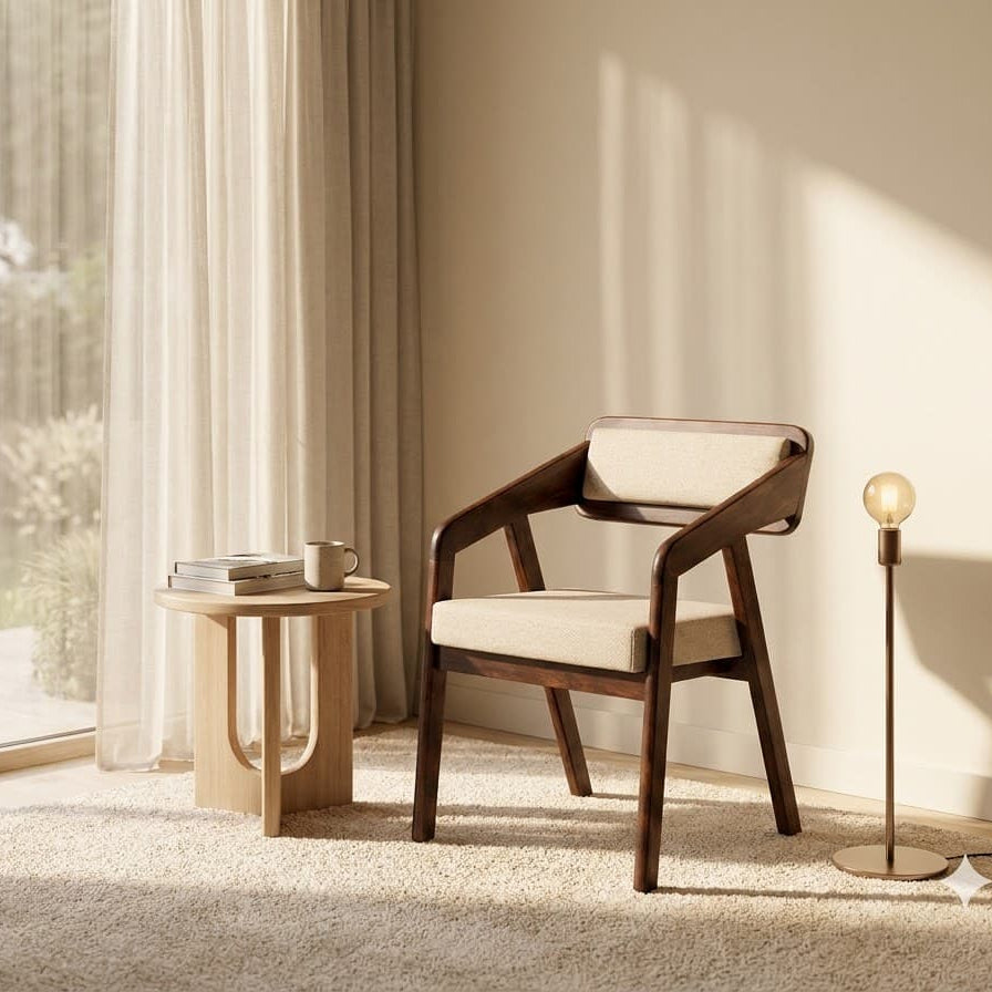 A modern wooden armchair with cream cushions sits in a sunlit room beside a small round side table and a floor lamp, with a large window and curtains in the background.