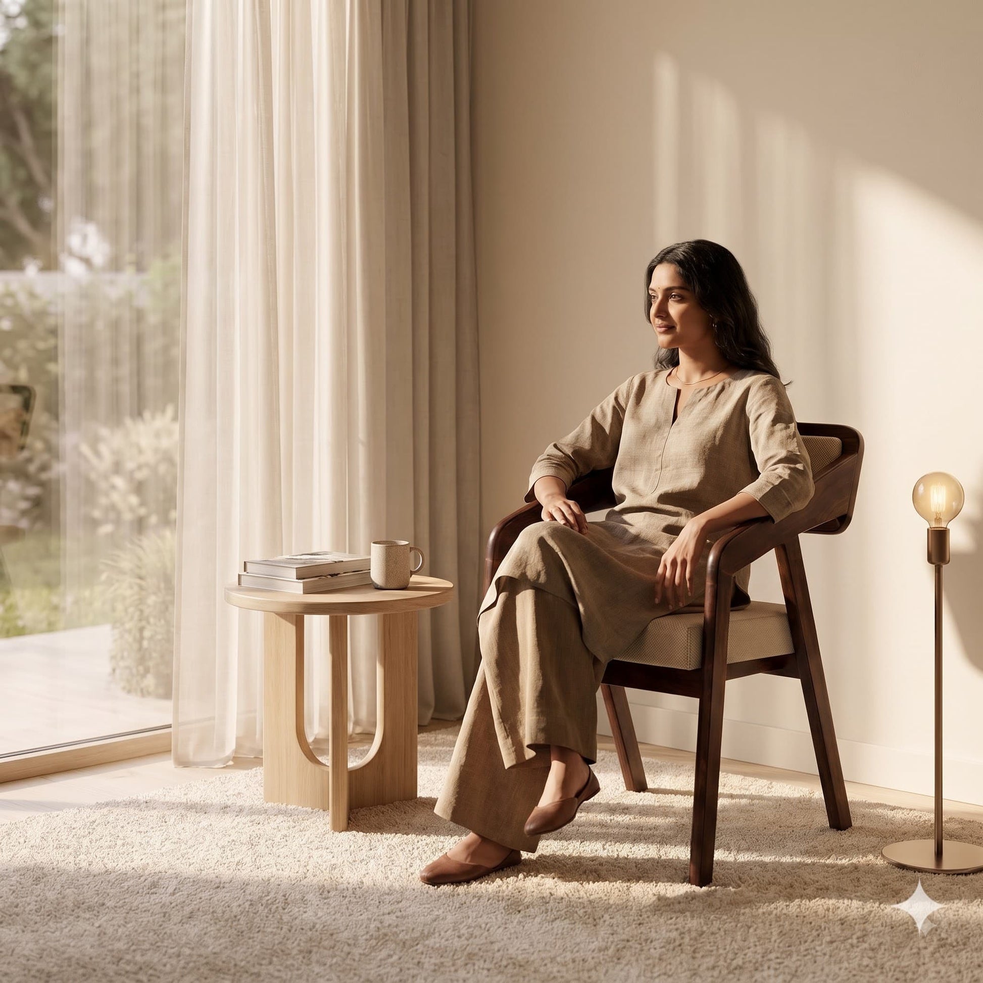 A woman sits in a wooden armchair in a sunlit room, wearing a loose beige linen outfit. A small wooden side table with a mug stands beside her, and a floor lamp is visible against the wall.