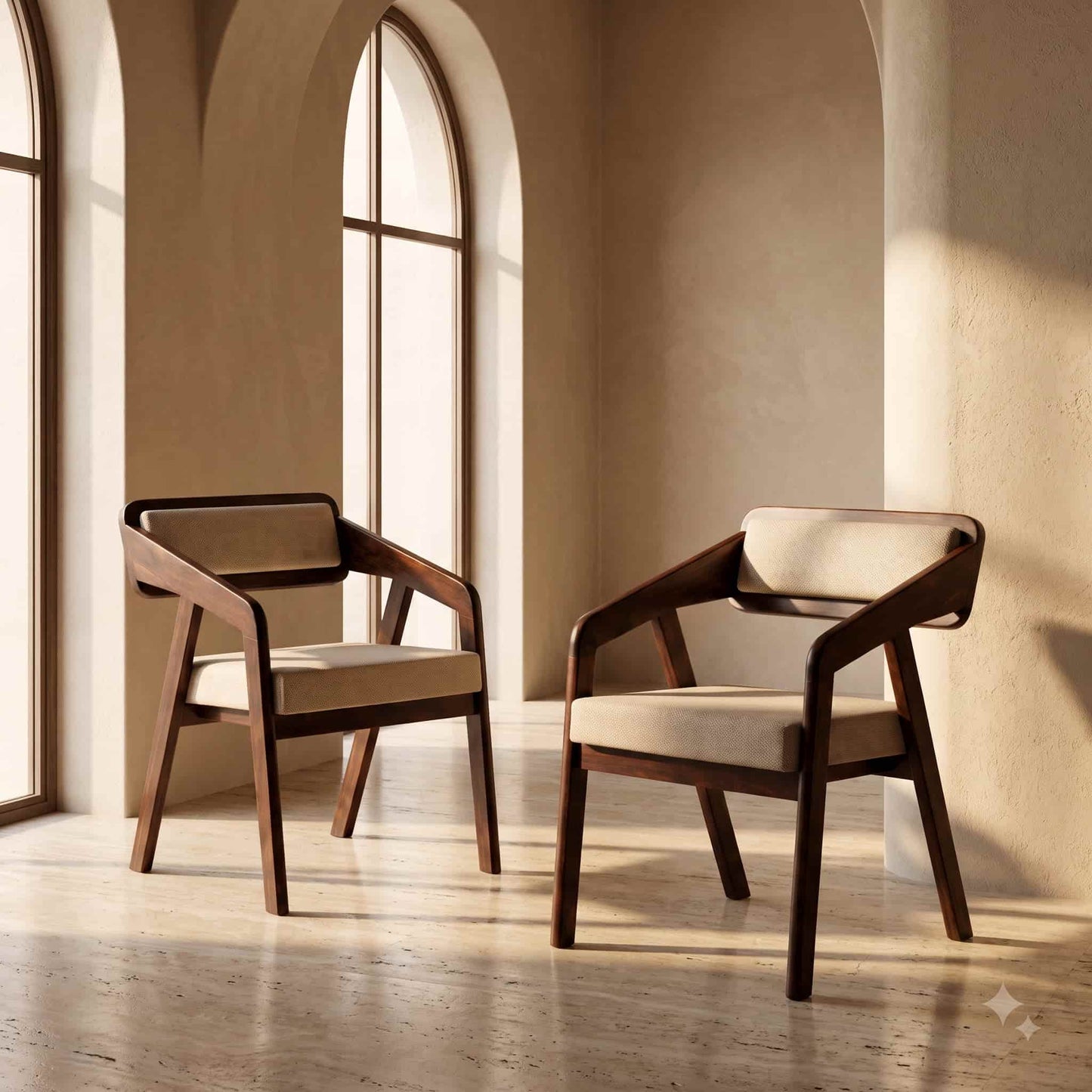 Two modern wooden armchairs with beige upholstered seats and backs, placed in a sunlit room with arched windows and warm plaster walls.