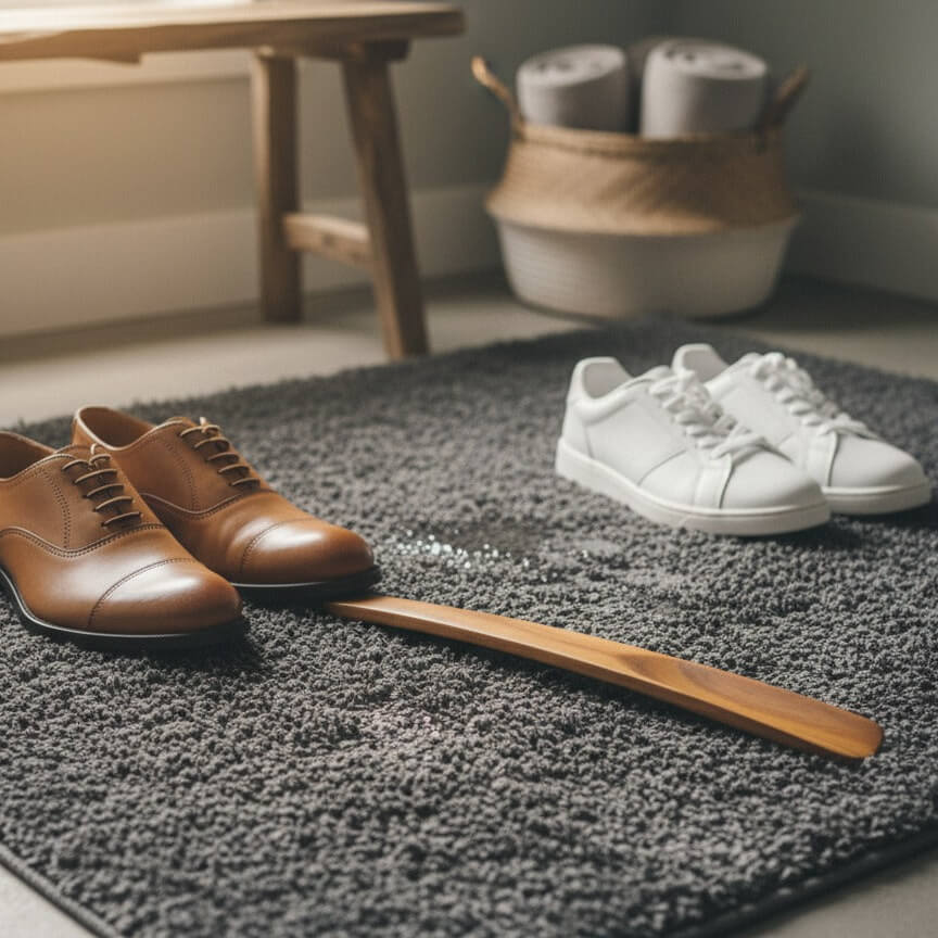 Brown shoes and a wooden broom on a gray doormat with white sneakers in the background.