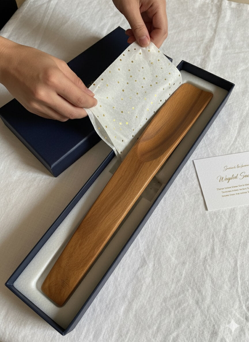 Wooden paddle with a white cloth being held above it, on a white surface.