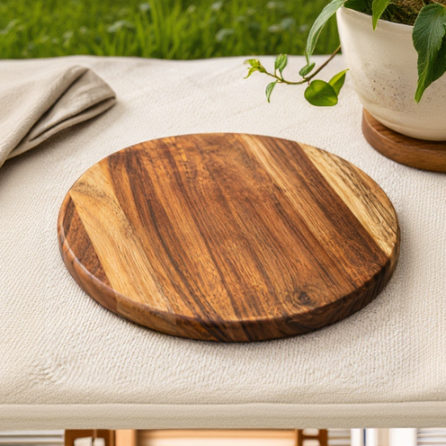 A round wooden serving board with a rich natural grain pattern, styled on a textured beige woven placemat with a folded napkin and a ceramic pot in the background.