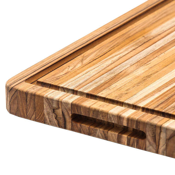 Close-up of the edge grain pattern, showing the durability and beauty of the teak wood finish.