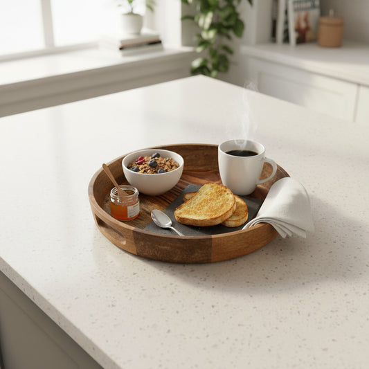 Wooden tray with breakfast items including a bowl of cereal, a cup of coffee, toast, and honey on a kitchen counter.