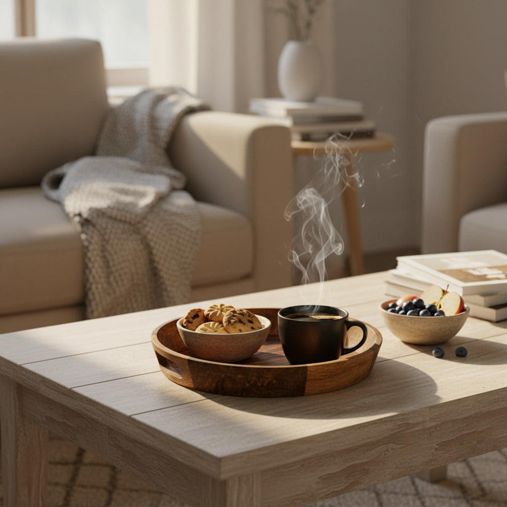 Coffee cup with steam on a wooden table in a cozy living room.