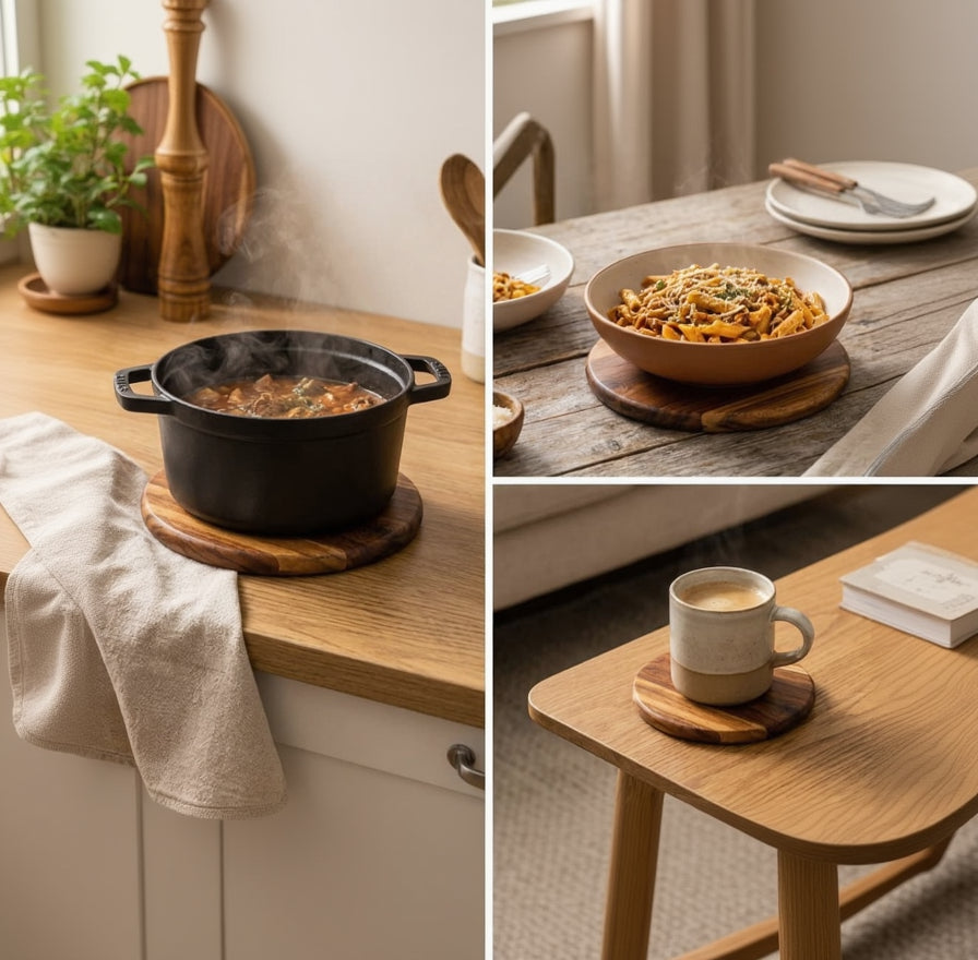 A three-panel collage showing a black cast-iron pot with wooden coasters on a wooden table, a bowl of pasta on a wooden table, and a ceramic mug on a wooden side table. The image highlights the wooden round coasters used as trivets.