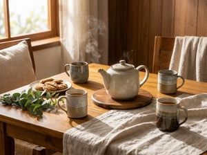 A rustic wooden table set with a white ceramic teapot on a round wooden coaster, surrounded by matching ceramic mugs, a plate of cookies, greenery, and a draped tablecloth in a warm, sunlit room.