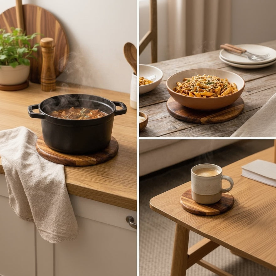 A three-panel collage showing a black cast-iron pot with wooden coasters on a wooden table, a bowl of pasta on a wooden table, and a ceramic mug on a wooden side table. The image highlights the wooden round coasters used as trivets.