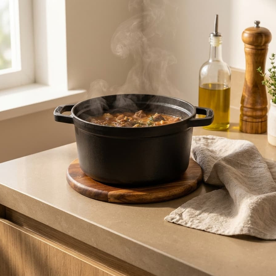 A black cast iron Dutch oven pot with side handles sits on a round wooden trivet on a beige countertop in a kitchen setting, with steam rising from the food inside. A beige linen napkin, a glass bottle of oil, a wooden pepper mill, and a small potted rosemary plant are arranged nearby.