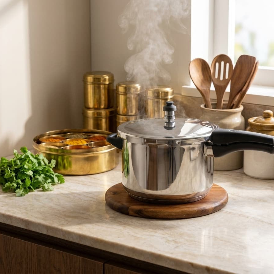A stainless steel pressure cooker with a wooden lid handle and base sits on a marble kitchen countertop, with steam rising from the lid. Gold and white canisters, wooden utensils, and a small bunch of green herbs are arranged around it near a window.