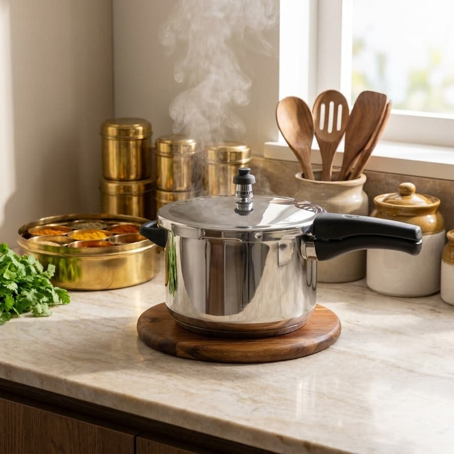 A stainless steel pressure cooker with a wooden lid handle and base sits on a marble kitchen countertop, with steam rising from the lid. Gold and white canisters, wooden utensils, and a small bunch of green herbs are arranged around it near a window.