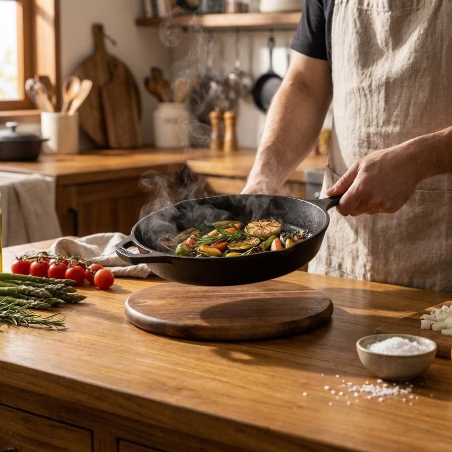 A person wearing a beige apron cooks vegetables in a black cast-iron skillet on a wooden kitchen counter, with fresh asparagus, tomatoes, onions, and olive oil nearby.