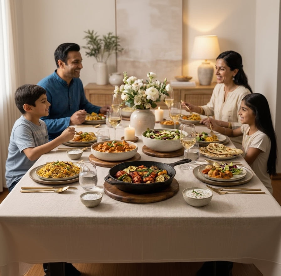 A family of five shares a meal together at a dining table laden with various dishes, set in a warm, beautifully decorated home interior.