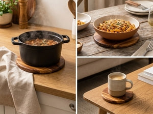 A three-panel collage showing a black cast-iron pot with wooden coasters on a wooden table, a bowl of pasta on a wooden table, and a ceramic mug on a wooden side table. The image highlights the wooden round coasters used as trivets.