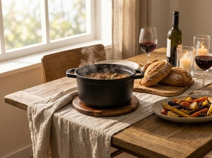 A black cast iron Dutch oven pot with a lid sits on a wooden table in a warm, rustic dining setting, surrounded by a plate of food, bread, wine glasses with red wine, and a bottle of wine.