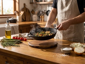 A person wearing a beige apron cooks food in a black skillet on a wooden kitchen counter, with olive oil, tomatoes, herbs, and chopped onions nearby.