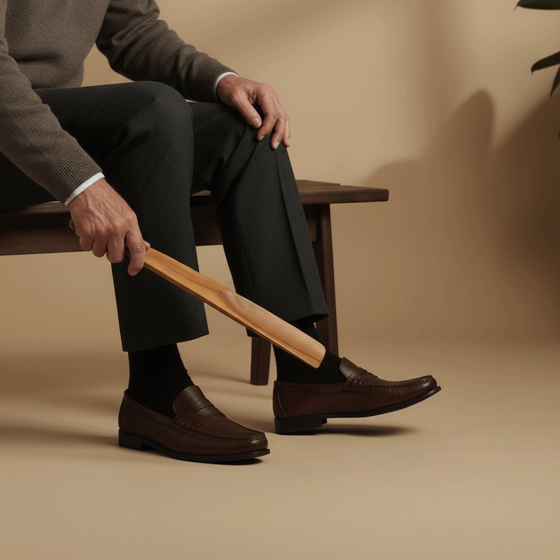 Person sitting on a wooden stool holding a wooden object, wearing brown shoes and dark pants against a beige background.