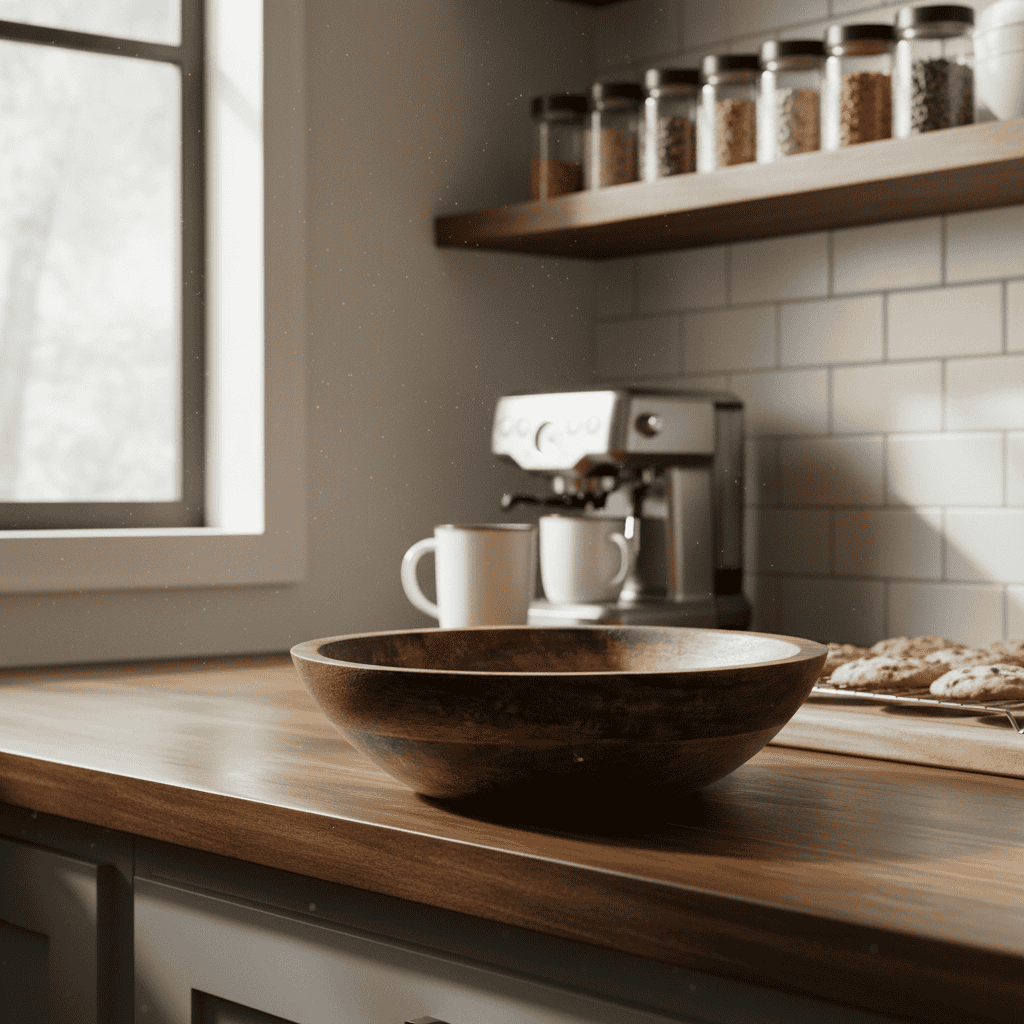 Wooden bowl on a kitchen counter with a coffee machine and jars in the background.