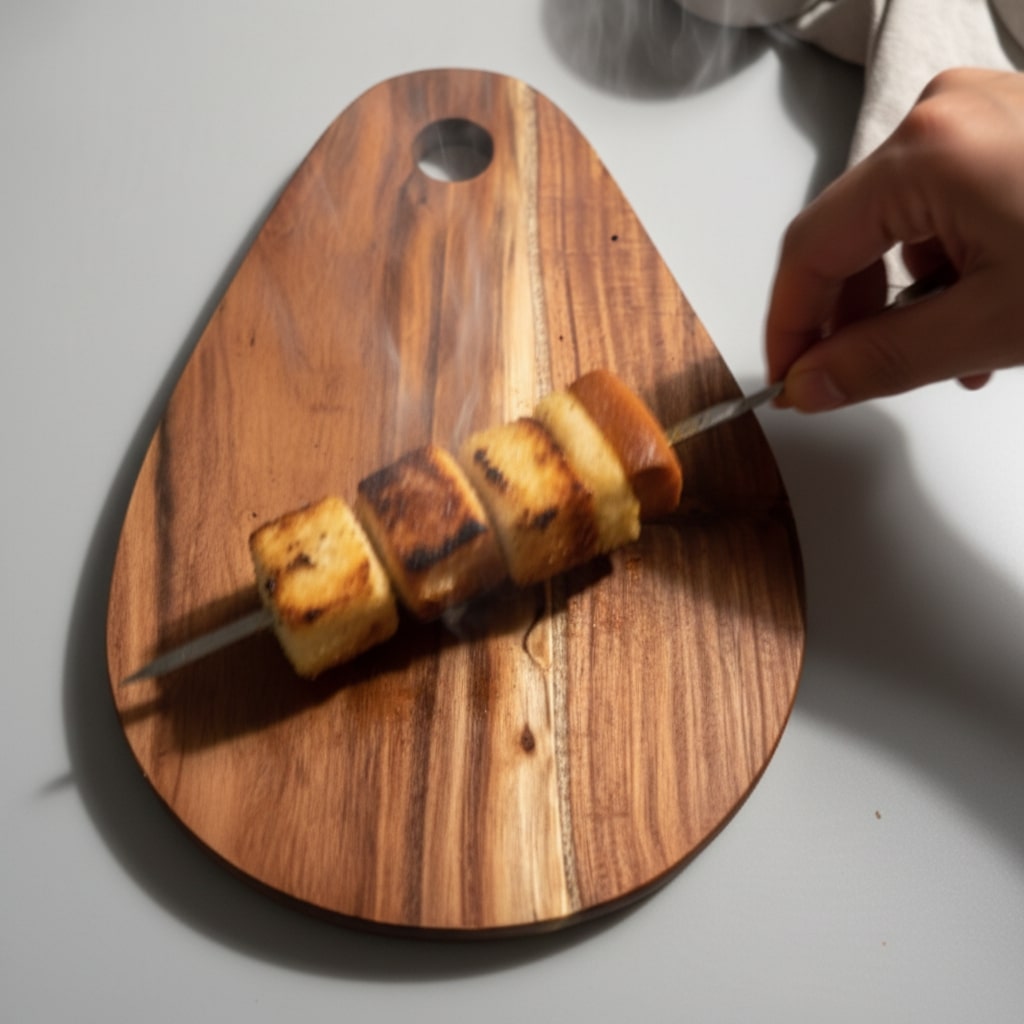 Wooden cutting board with skewer of grilled items on a light gray surface