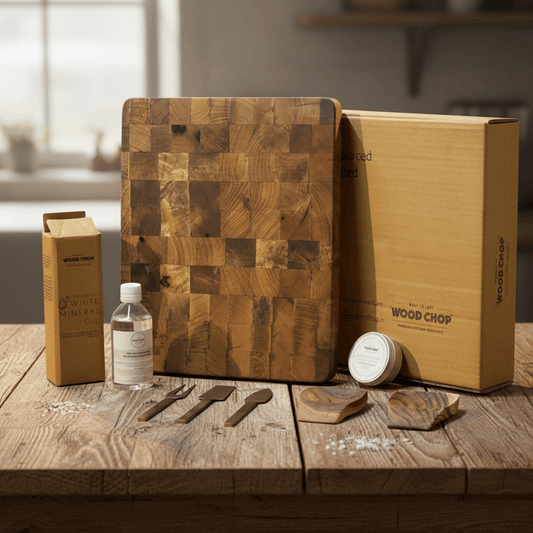 Wooden cutting board with kitchen utensils and 'Wood Chop' packaging on a wooden surface.