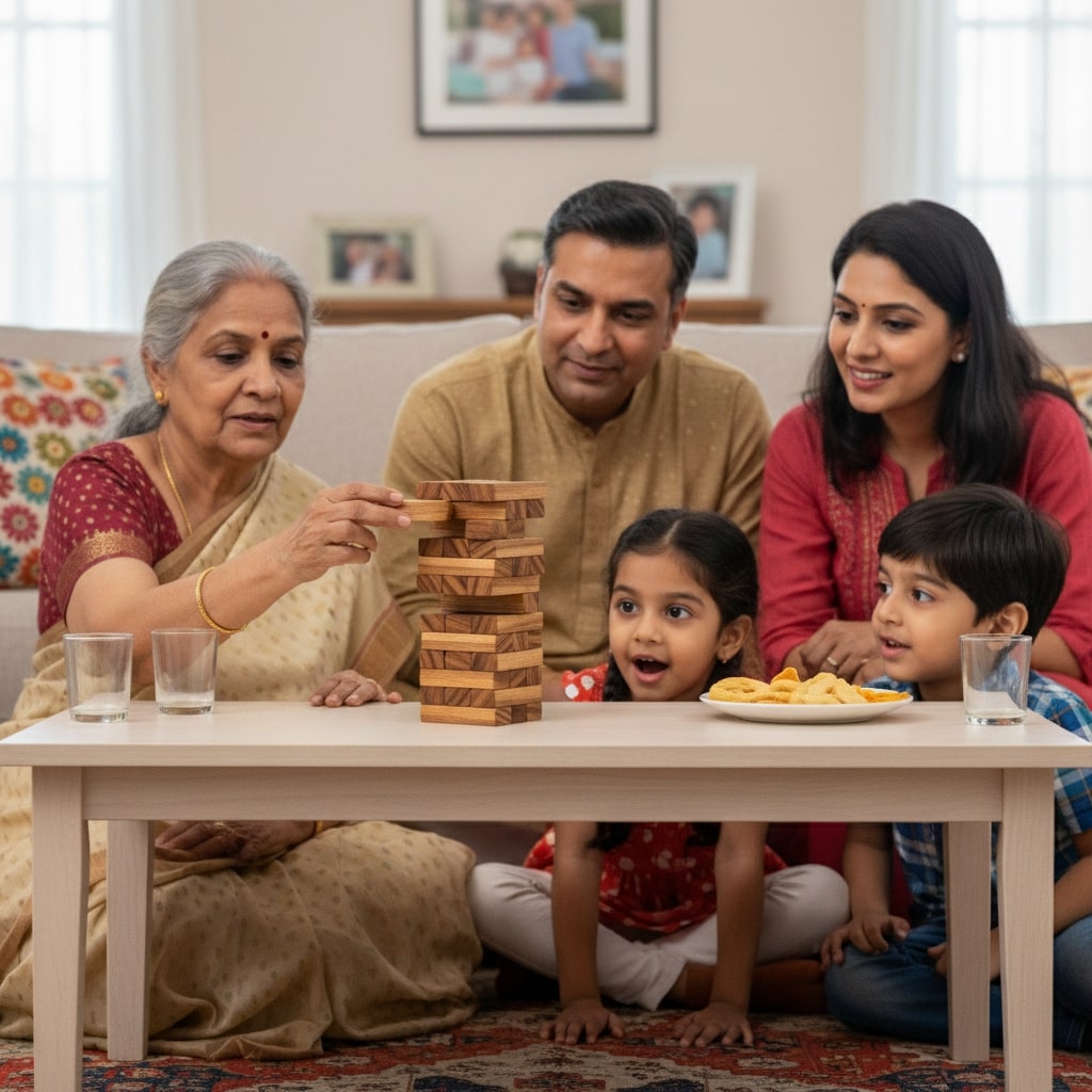 Family playing a game together in a living room