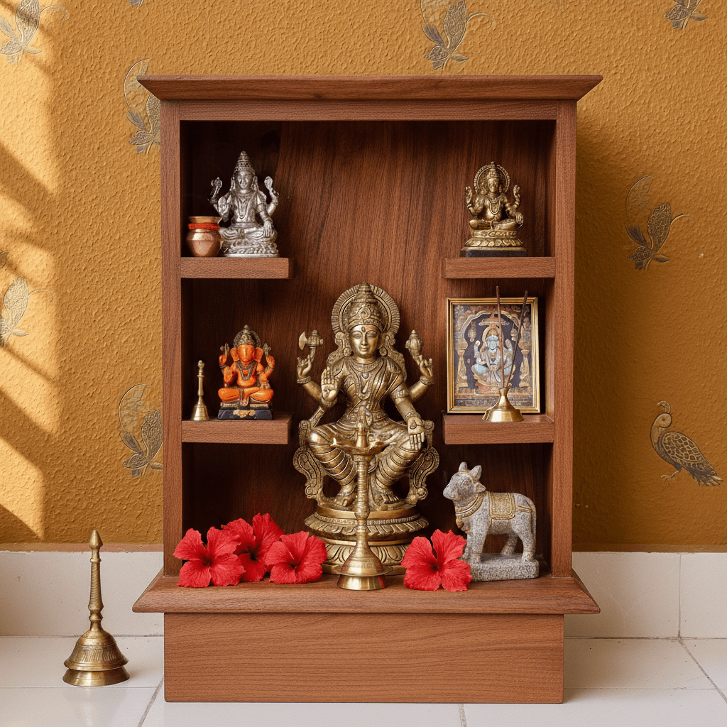 Wooden altar with religious statues and decorations against a brown wall.