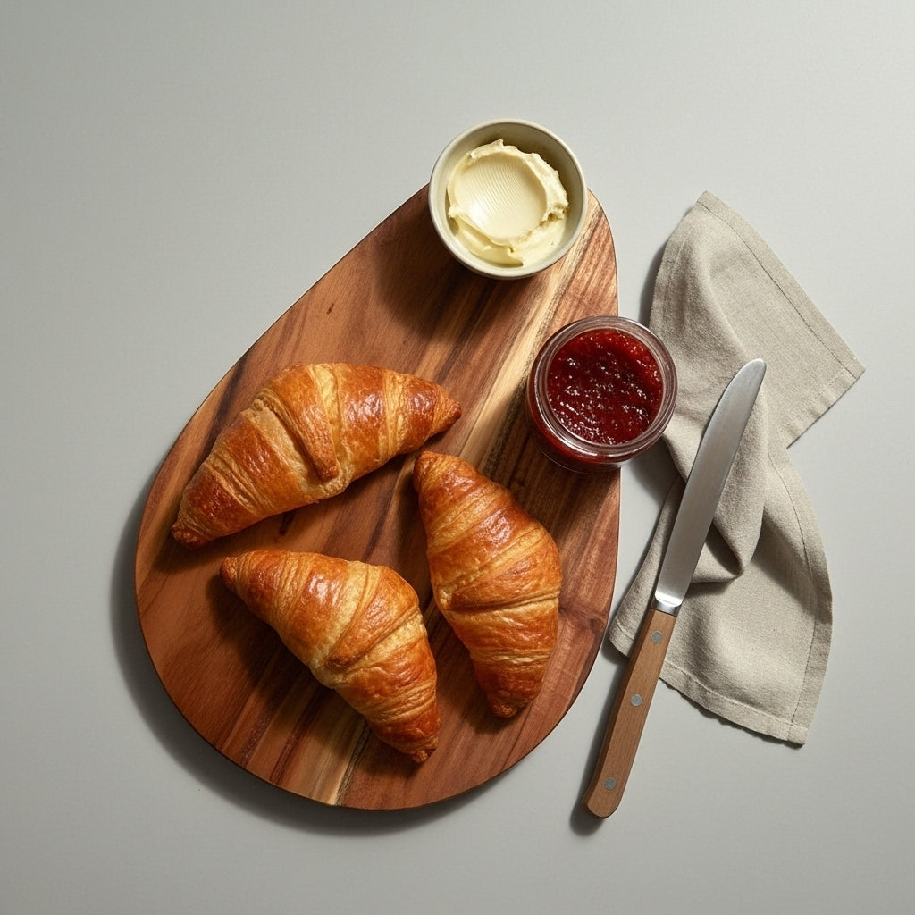 Three croissants on a wooden board with a bowl of butter and jar of jam, on a light gray background.