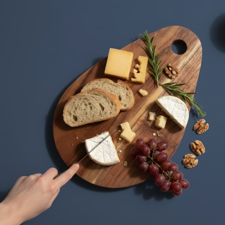 Wooden cutting board with cheese, bread, grapes, and nuts on a dark blue background