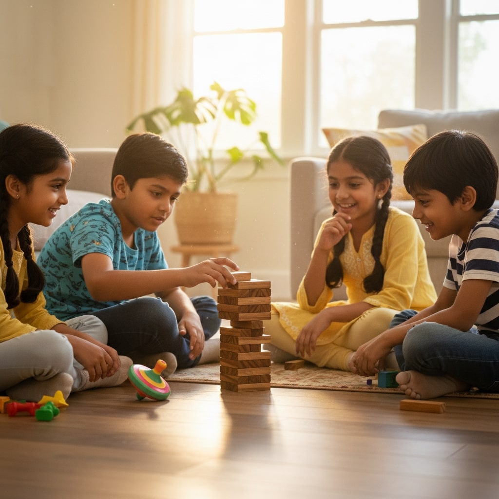 Four children playing with a tower of wooden blocks on the floor.