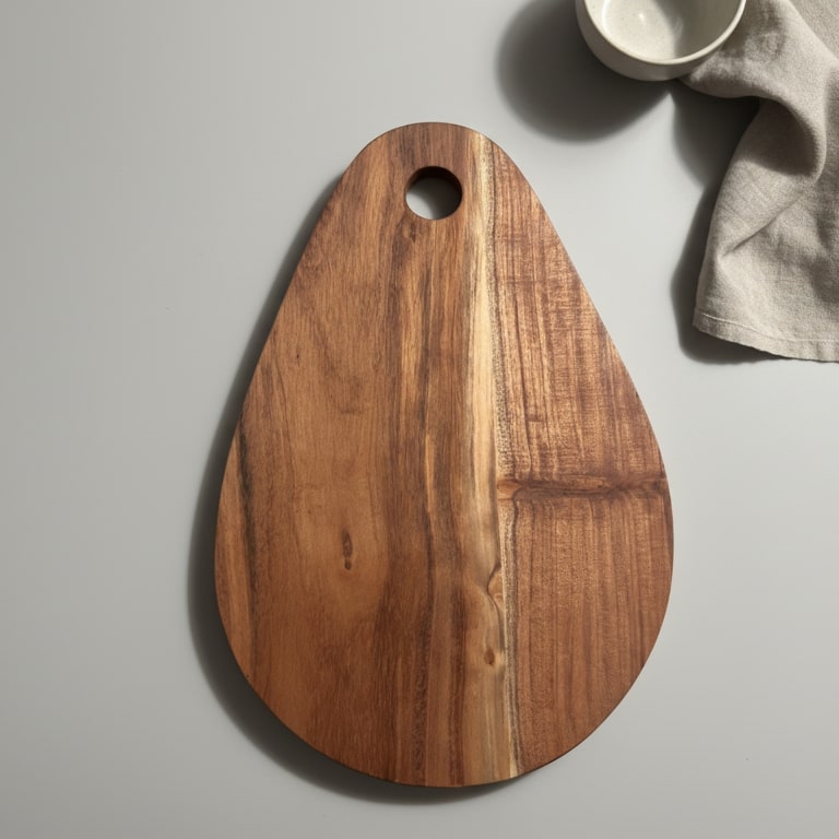 Wooden cutting board on a gray surface with a bowl and towel in the background