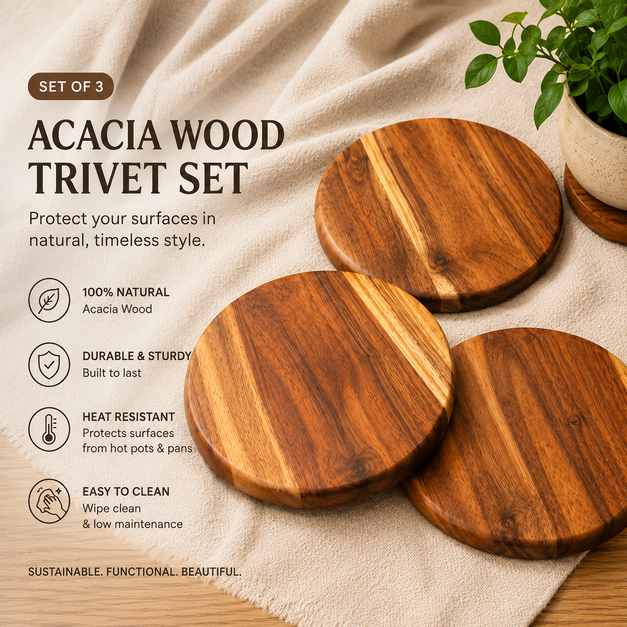 Handcrafted Acacia Wood Trivet Set of 3  | Heat Resistant Wooden Hot Pot Stand | WoodChop | 15 cm (Copy)