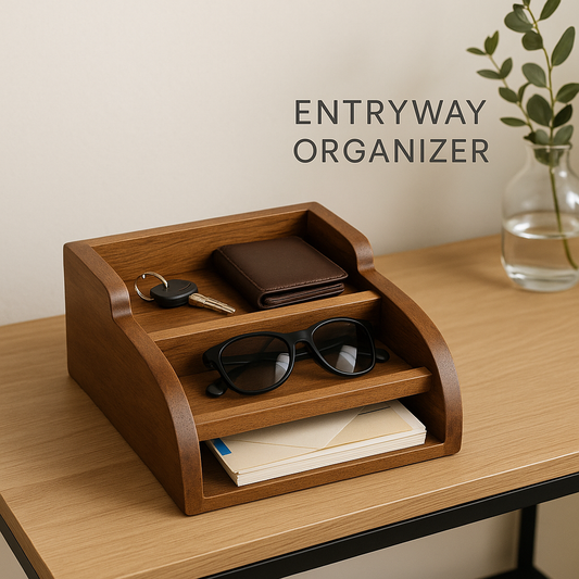 Wooden entryway organizer with wallet, keys, sunglasses, and papers on a wooden surface.