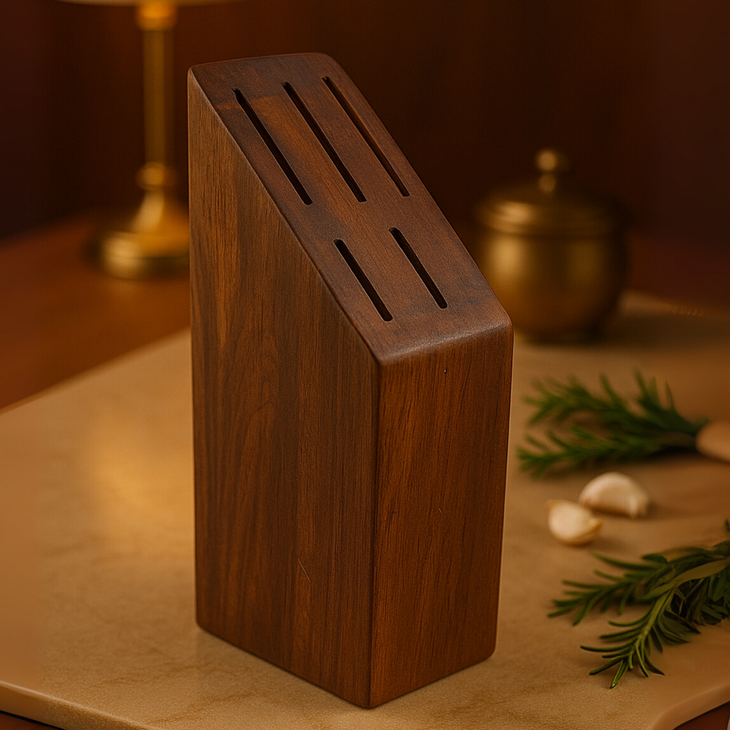 Wooden knife block on a wooden surface with garlic and herbs