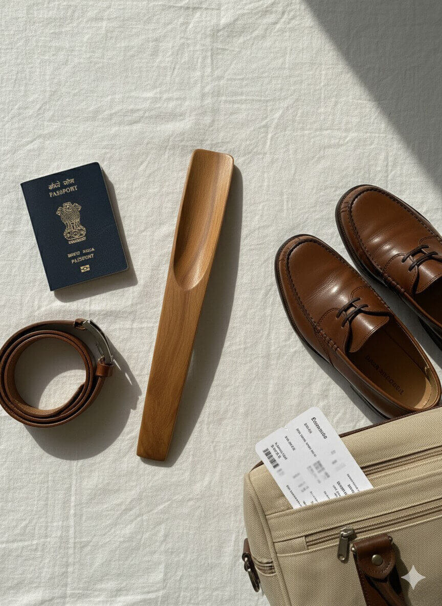 Brown leather shoes, wooden shoe horn, passport, belt, and suitcase on a textured white surface.