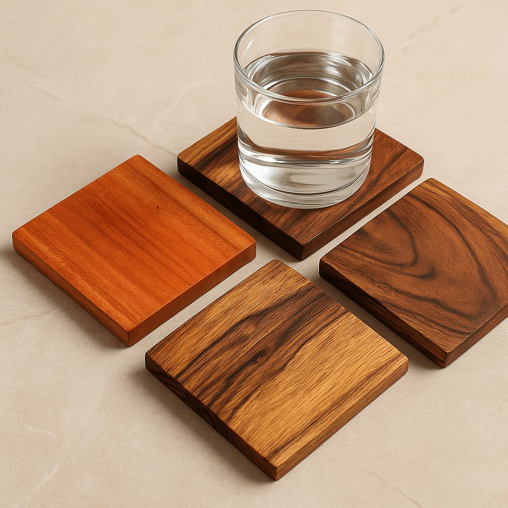 Set of wooden coasters with a glass of water on a beige surface