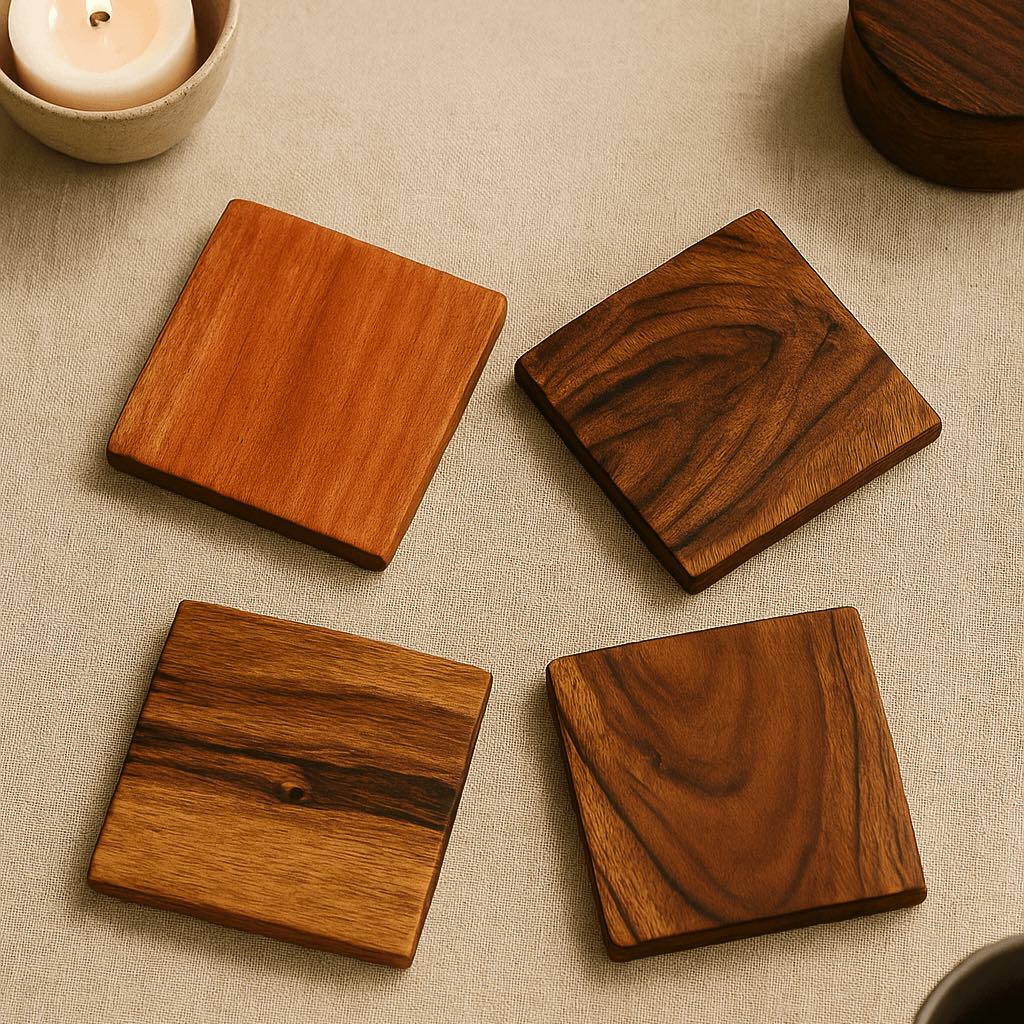 Four wooden coasters on a beige surface with a candle in the background.
