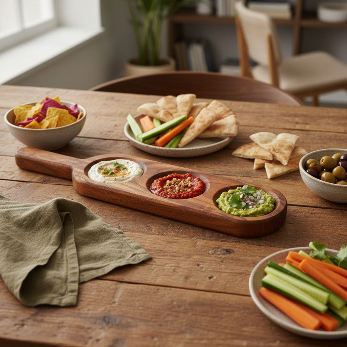 Premium Acacia Wood Triple Dip & Condiment Serving Platter